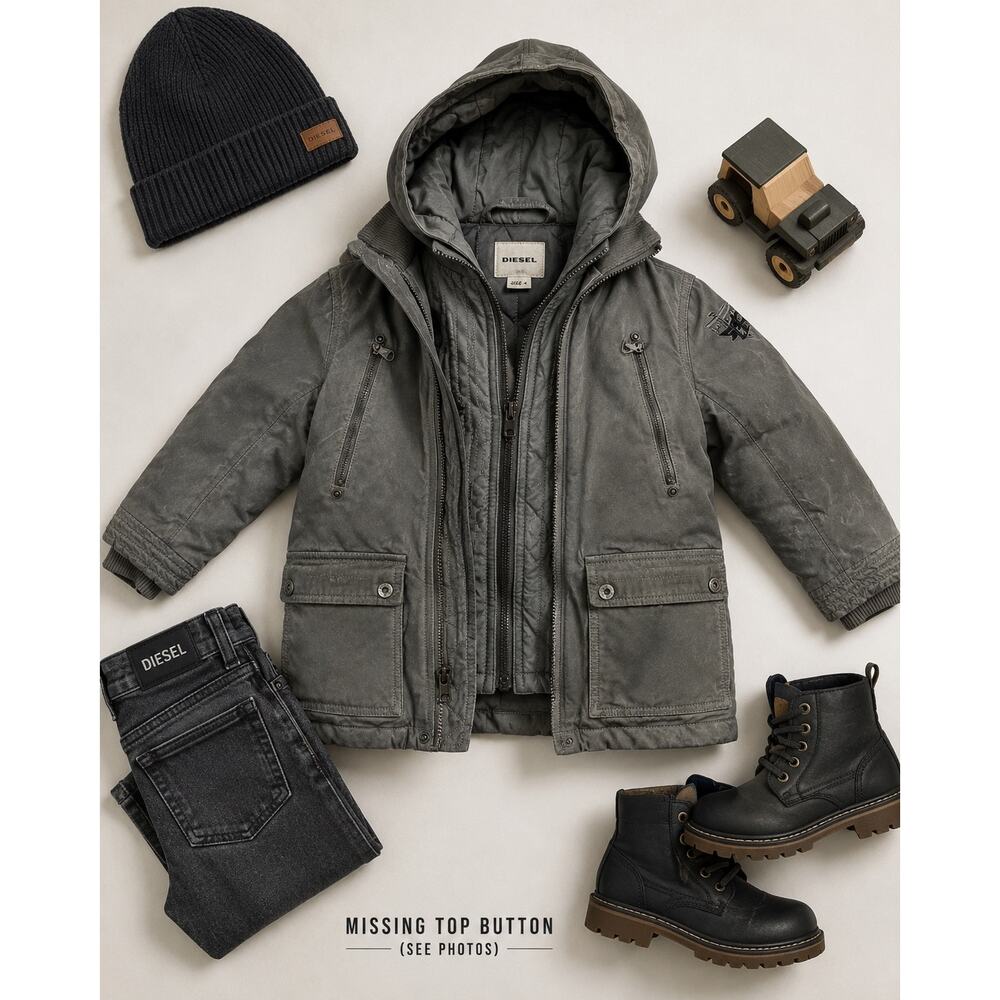 DIESEL Boys Utility Hooded Convertible Jacket Coat  Gray Distressed Layered Moto